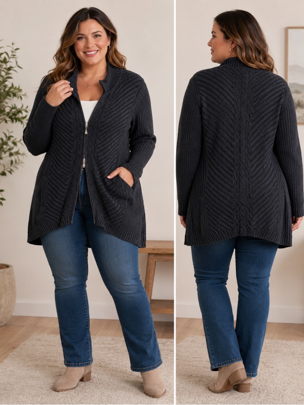 Eddie Bauer Charcoal Gray Chevron Knit Zip Cardigan Sweater Duster XL